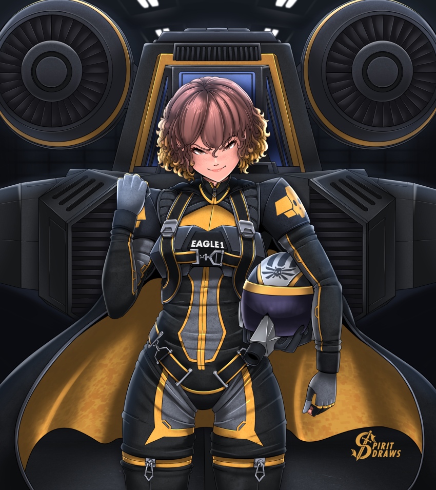 1girl absurdres aircraft_hanger artist_logo blonde_hair brown_eyes brown_hair cape clothes_writing cowboy_shot dark_background eagle_1_(helldivers) freckles helldivers_(series) helmet highres holding holding_helmet logo looking_at_viewer multicolored_hair pilot_helmet short_hair skull_print spacecraft spiritdraws starfighter super_earth_salute_(helldivers) two-tone_hair unworn_headwear unworn_helmet