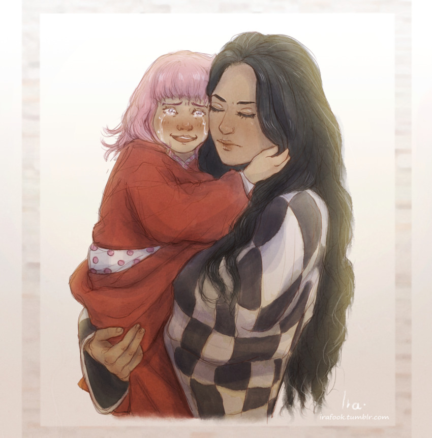2girls black_hair blunt_bangs carrying carrying_person closed_eyes commentary crying english_commentary highres hug ira_fook japanese_clothes kimono long_hair medium_hair multiple_girls nico_robin nico_robin_(wano) obi one_piece pink_hair sash tears toko_(one_piece) tumblr_username