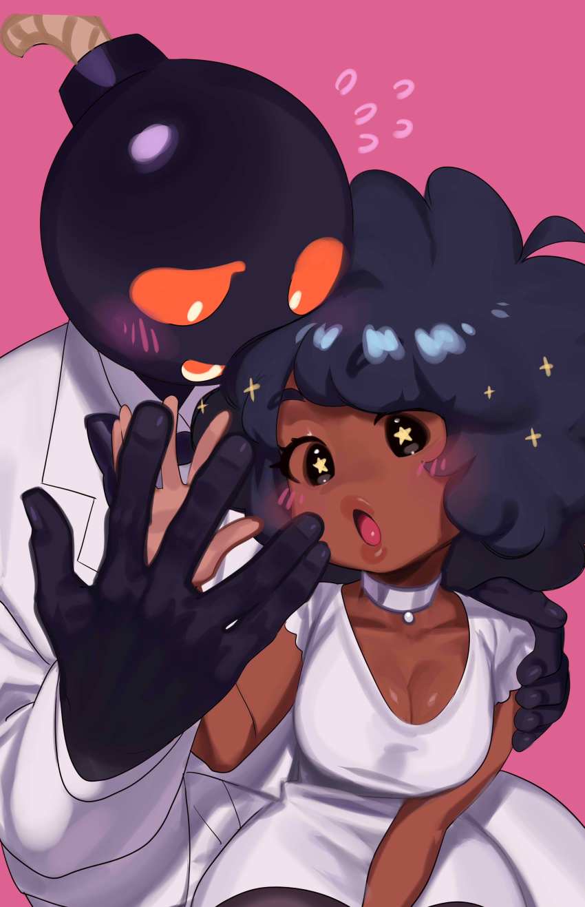 1boy 1girl absurdres black_eyes black_hair blush breasts carol_(bbpanzu) choker cleavage dark-skinned_female dark_skin dress friday_night_funkin&#039; highres jacket medium_breasts nia_(nia4294) pink_background simple_background star-shaped_pupils star_(symbol) symbol-shaped_pupils upper_body white_choker white_dress white_jacket whitty_(friday_night_funkin&#039;) whitty_bomb_guy