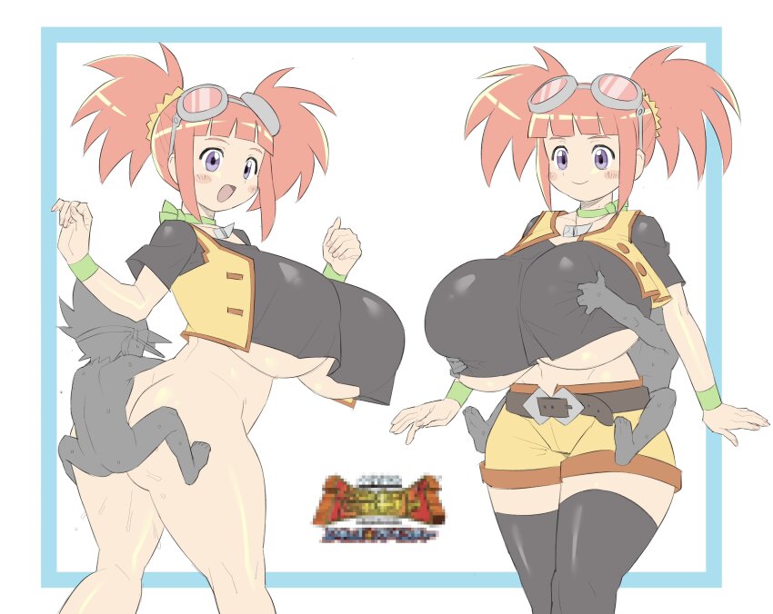 1boy 1girl absurdres alternate_breast_size black_thighhighs bottomless breasts choker crop_top curvy dinosaur_king emotionless_sex frog_embrace_position goggles goggles_on_head grabbing_another&#039;s_breast green_choker groping hetero highres huge_breasts impossible_clothes kodai_ryuuta midriff penis perching_position pink_hair purple_eyes sakana888888888 sex sex_from_behind shorts shota simple_background size_difference smile solo_focus standing standing_sex sweat tatsuno_malm thighhighs twintails underboob white_background wristband yellow_shorts