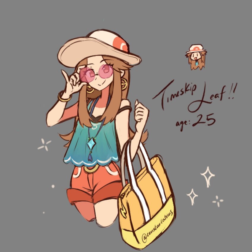 1girl adjusting_eyewear aged_up alternate_costume bag bare_shoulders blue_camisole bracelet brown_hair camisole character_name constarlations cropped_legs earrings elbow_carry gold_bracelet handbag hands_up hat highres holding holding_bag jewelry leaf_(pokemon) long_hair long_sidelocks necklace nintendo pink-tinted_eyewear poke_ball_earrings pokemon pokemon_frlg pokemon_sm red_shorts round_eyewear shiny_charm_(pokemon) short_shorts shorts sidelocks smile solo sun_hat sunglasses tinted_eyewear white_hat yellow_bag
