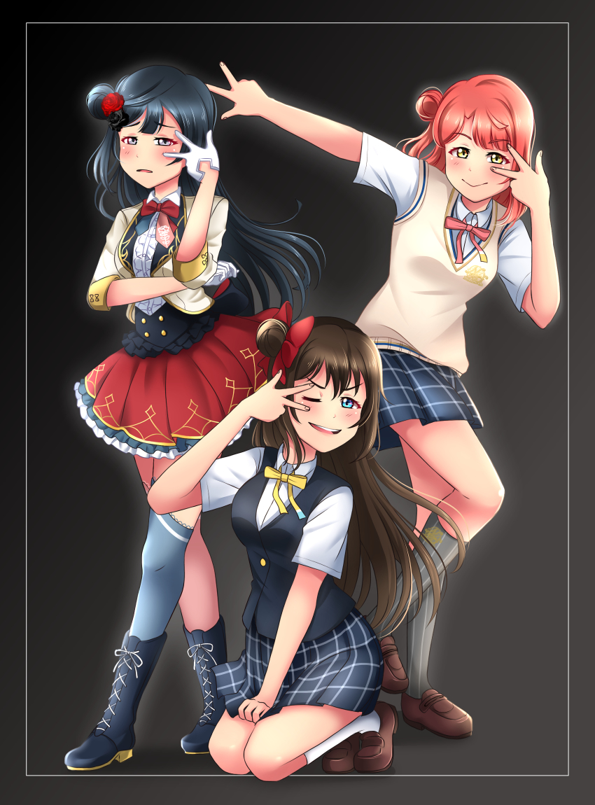3girls ;) alternate_hairstyle aqua_eyes aqua_shirt bare_legs black_background black_cardigan black_footwear black_hair black_jacket black_legwear black_skirt black_vest blue_eyes blue_hair blue_ribbon blue_skirt blush boots border bow bowtie breasts brown_footwear brown_hair buttons cardigan chase_(love_live!) checkered_clothes checkered_skirt collared_shirt cross-laced_footwear dark_blue_hair dress_shirt earrings female_focus fingerless_gloves floating_hair full_body gloves green_eyes grey_eyes hair_between_eyes hair_bow hair_bun hair_ornament hairclip half-closed_eyes half_gloves hand_on_elbow hat high_heel_boots high_heels highres holding holding_unworn_clothes jacket jewelry layered_skirt legwear_garter long_hair long_sleeves looking_at_viewer love_live! love_live!_nijigasaki_high_school_idol_club love_live!_school_idol_festival mini_hat mini_top_hat miniskirt multiple_girls nail_(hardware) nail_polish necktie nijigasaki_school_uniform one_eye_closed osaka_shizuku parted_lips pink_nails plaid_clothes plaid_skirt pleated pleated_skirt ponytail puffy_short_sleeves puffy_sleeves purple_neckwear red_bow red_gloves red_hair red_hat red_shirt red_skirt red_vest ribbon school_uniform shirt shoes short_sleeves side_bun side_ponytail single_legwear_garter single_side_bun ska.harumi skirt small_breasts smile sparkle_print squatting standing suspender_skirt suspenders sweater_vest top_hat triangle_earrings uehara_ayumu v v_over_eye vest white_border white_legwear white_shirt white_skirt wing_collar wink yellow_bow yellow_buttons yellow_eyes yellow_ribbon yellow_vest yuki_setsuna