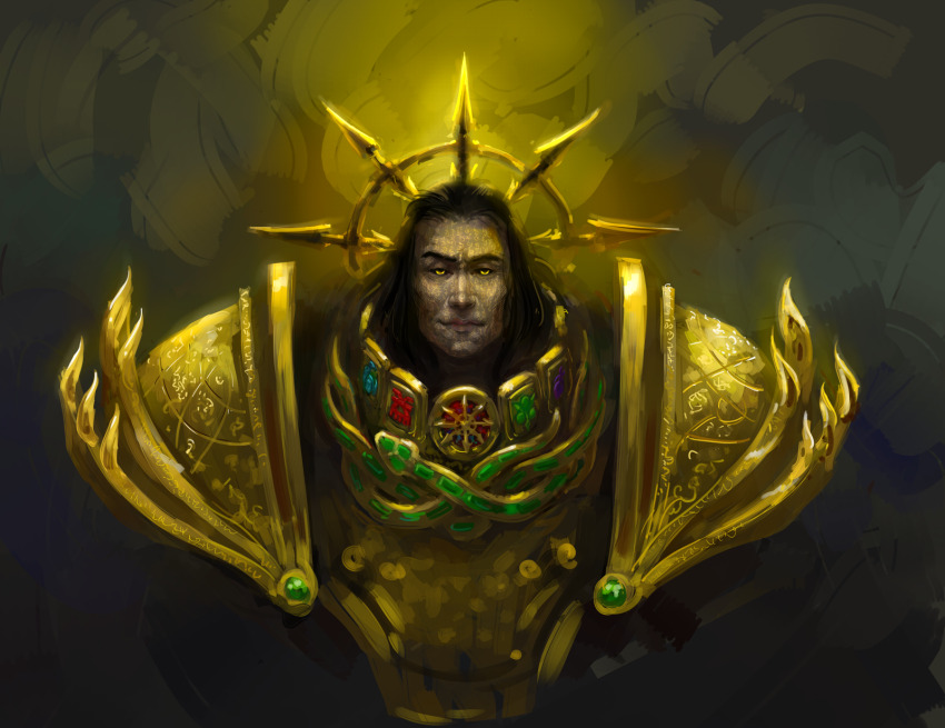 1boy alternate_hairstyle alternate_universe armor black_hair black_sclera chaos_(warhammer) chaos_undivided_(symbol) cheekbones closed_mouth colored_sclera commentary english_commentary engraved engraved_armor facial_tattoo fire gem gold_armor green_gemstone halo halo_behind_head highres khorne_(symbol) light_smile long_hair lorgar_aurelian male_focus mammona mechanical_halo nurgle_(symbol) ornate_armor pauldrons power_armor primarch shoulder_armor slaanesh_(symbol) snake solo spiked_halo straight-on tattoo tzeentch_(symbol) upper_body warhammer_40k word_bearers yellow_armor yellow_eyes