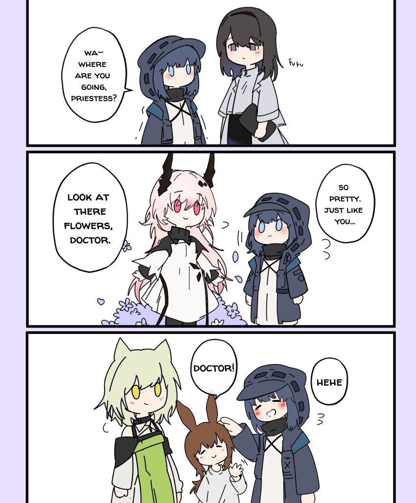3girls 5girls absurdres aged_down amiya_(arknights) animal_ears arknights arya_melati black_hair black_hairband black_horns blue_eyes blush brown_hair cat_ears cat_girl character_name clipboard closed_mouth commentary cowboy_shot deformed demon_horns doctor_(arknights) dress english_commentary english_text female_doctor_(arknights) green_dress green_eyes green_hair grey_dress hair_between_eyes hairband highres holding holding_clipboard hood hood_up hooded_coat horns jacket kal&#039;tsit_(arknights) lab_coat long_hair long_sleeves looking_at_another multiple_girls no_mouth official_alternate_costume open_clothes pink_hair priestess_(arknights) purple_eyes rabbit_ears rabbit_girl shirt smile speech_bubble standing theresa_(arknights) turtleneck turtleneck_dress turtleneck_shirt white_dress white_shirt