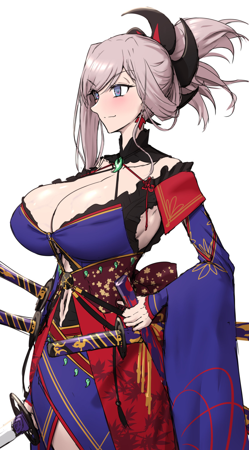 1girl absurdres bare_shoulders blue_eyes breasts cleavage fate/grand_order fate_(series) highres katana large_breasts long_hair miyamoto_musashi_(fate) obi pink_hair sash shiroshisu solo swept_bangs sword weapon