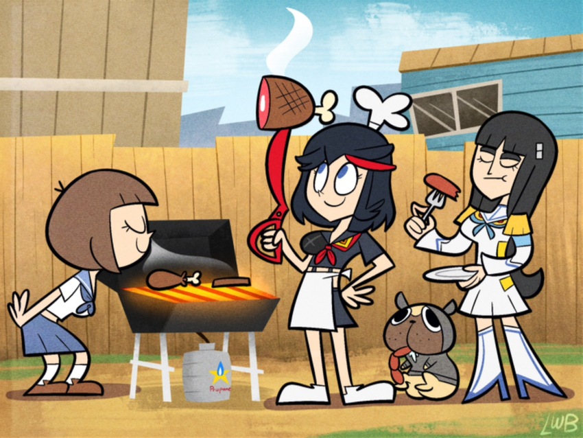 3girls animal apron black_hair black_shirt black_skirt blue_eyes blue_neckerchief blue_sailor_collar blue_skirt blue_sky boned_meat boots brown_footwear brown_hair cartoonized chef_hat chicken_(food) chicken_leg closed_eyes closed_mouth clothed_animal commentary cooking dog dress drooling eating english_commentary eyelashes fence food fork full_body grey_hoodie grill grilling guts_(kill_la_kill) hair_ornament hat high_heel_boots high_heels highres holding holding_fork holding_plate holding_weapon hood hood_up hoodie house junketsu kamui_(kill_la_kill) kill_la_kill kiryuuin_satsuki linked_sausages living_clothes lolwutburger long_hair mankanshoku_mako matoi_ryuuko meat medium_hair multiple_girls neckerchief plate propane_tank pug red_neckerchief sailor_collar saliva school_uniform scissor_blade_(kill_la_kill) senketsu serafuku shirt shoes short_hair skirt sky smile socks steam thick_eyebrows toon_(style) weapon white_apron white_dress white_footwear white_hat white_shirt white_socks window wooden_fence