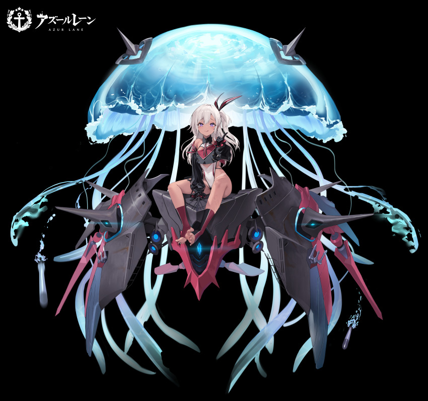1girl :q absurdres artist_request azur_lane bare_legs bare_shoulders between_legs black_gloves blonde_hair blush breasts buttons character_name commentary_request copyright_name copyright_notice crop_top dark-skinned_female dark_skin detached_collar double-breasted full_body gloves hair_between_eyes hair_ribbon hand_between_legs highres index_finger_raised iron_blood_(emblem) jellyfish knees_apart_feet_together light_brown_hair long_hair looking_at_viewer official_art promotional_art purple_eyes ribbon rigging sanze_(gokiburi_kirai) side_ponytail small_breasts smile solo spread_legs star_(symbol) striped_ribbon submarine swimsuit swimsuit_under_clothes tan tanline tongue tongue_out translation_request u-31_(azur_lane) watercraft wet
