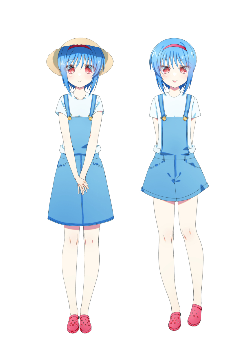 2girls :p absurdres alternate_costume alternate_eye_color arms_behind_back barefoot blue_hair blue_overalls blush casual closed_mouth commentary full_body hair_between_eyes hairband hat highres little_busters! looking_at_viewer multiple_girls natsuoto_rito nishizono_midori nishizono_mio overalls own_hands_together pink_shoes red_eyes red_hairband shirt shoes short_hair short_sleeves side-by-side simple_background smile standing straight-on straw_hat tachi-e tongue tongue_out v_arms white_background white_shirt
