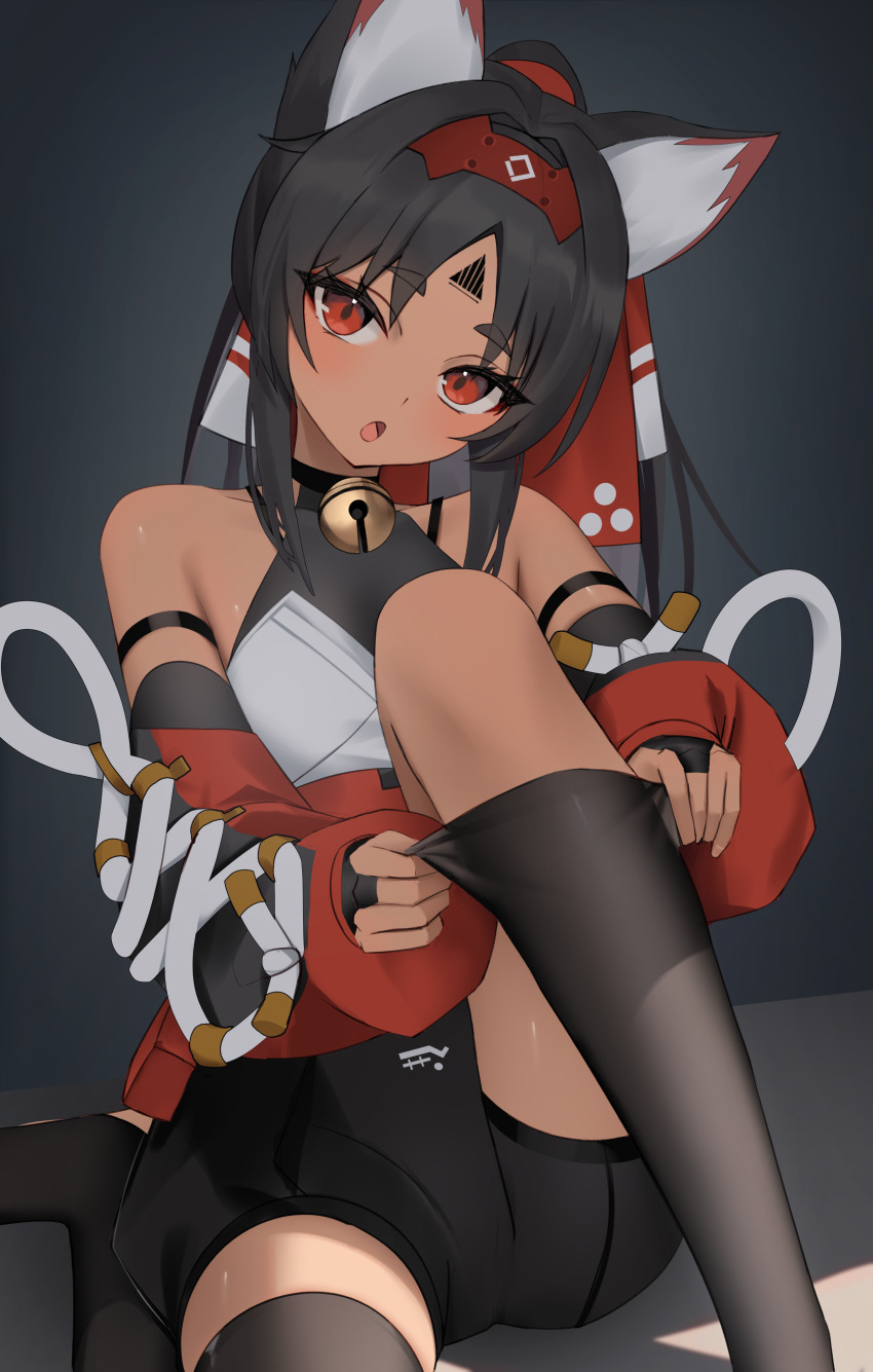1girl :o absurdres animal_ears bell black_hair black_shorts black_thighhighs cat_ears cat_tail dark_skin dressing facial_mark forehead_mark grey_background head_tilt highres jingle_bell knee_up looking_at_viewer neck_bell nekomiya_mana open_mouth red_eyes red_ribbon ribbon shorts simple_background tail thighhighs thomas_8000 zenless_zone_zero