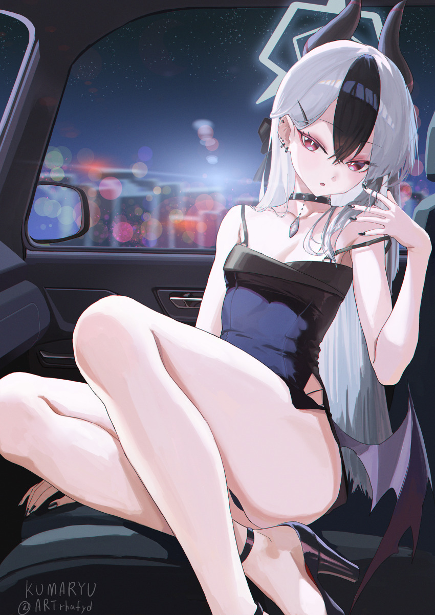 1girl :o absurdres barbell_piercing black_choker black_dress black_hair black_horns black_nails black_panties black_shoes blue_archive blurry bokeh breasts bright_pupils car_interior choker collarbone commentary crossed_bangs demon_horns demon_wings depth_of_field dress ear_piercing fingernails foot_out_of_frame grey_hair grey_halo hair_behind_ear hair_between_eyes hair_ornament hairpin halo hand_up high_heels highres horns kayoko_(blue_archive) kayoko_(dress)_(blue_archive) legs long_fingernails long_hair looking_at_viewer low_wings mole mole_on_collarbone multicolored_hair multiple_piercings nail_polish night official_alternate_costume panties pantyshot parted_lips pendant_choker piercing purple_wings red_eyes royhwang12 shoes side-view_mirror single_wing sitting sleeveless sleeveless_dress small_breasts solo strap_slip strappy_heels studded_choker thighs twitter_username two-tone_hair underwear very_long_hair white_pupils wings