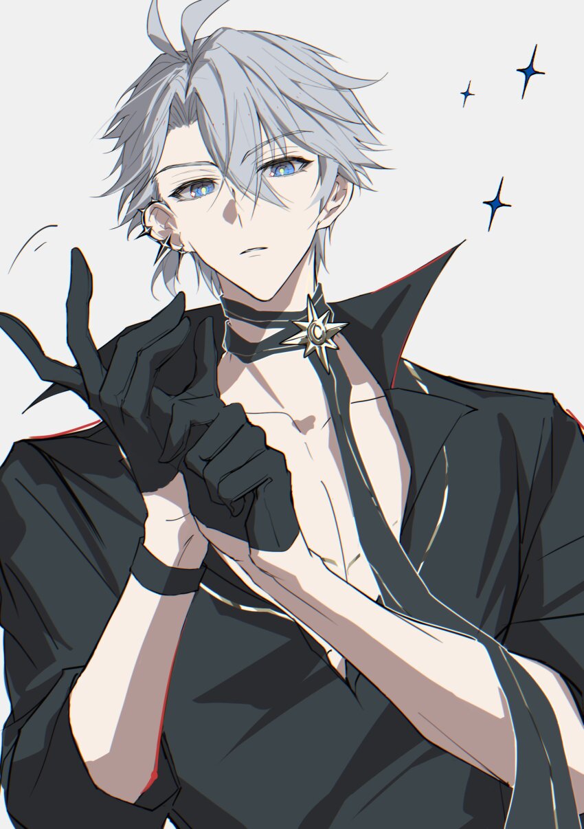 1boy absurdres adjusting_clothes adjusting_gloves antenna_hair black_choker black_gloves black_shirt blue_eyes choker collared_shirt commentary earclip gloves half_gloves highres honkai:_star_rail honkai_(series) looking_at_viewer male_focus neuanos610 official_alternate_costume pectoral_cleavage pectorals phainon_(fashion)_(honkai:_star_rail) phainon_(honkai:_star_rail) ponytail shirt short_hair simple_background solo symbol-only_commentary upper_body white_background white_hair