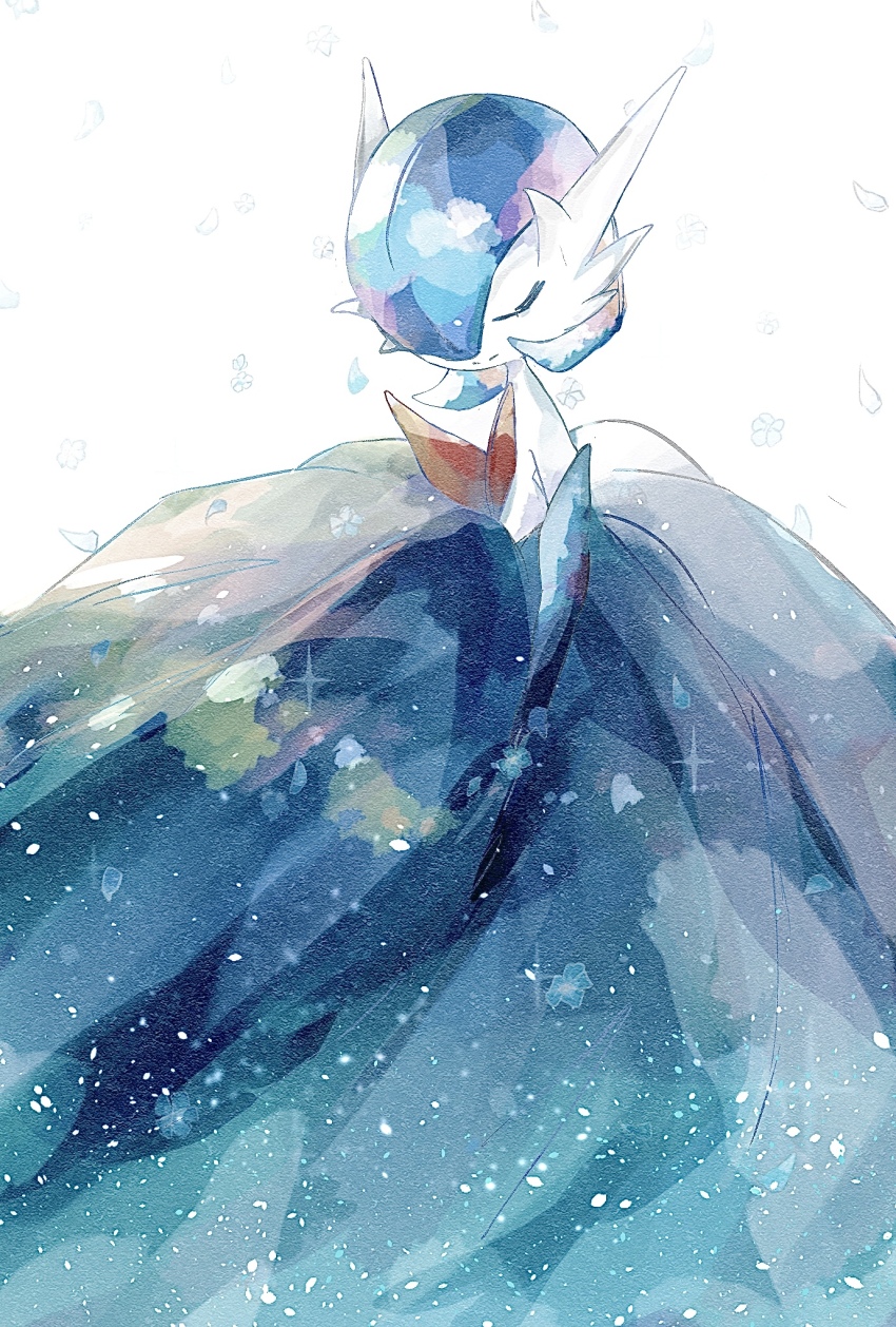 1girl alternate_color bare_shoulders black_dress black_gloves blue_hair bob_cut closed_eyes closed_mouth colored_skin dress elbow_gloves female_focus flat_chest flower from_side gardevoir gen_3_pokemon gloves hair_over_one_eye happy highres nintendo one_eye_covered petals pokemon pokemon_(creature) shiny_pokemon short_hair simple_background smile solo split_mouth standing strapless strapless_dress tugu_pi u_u white_background white_skin