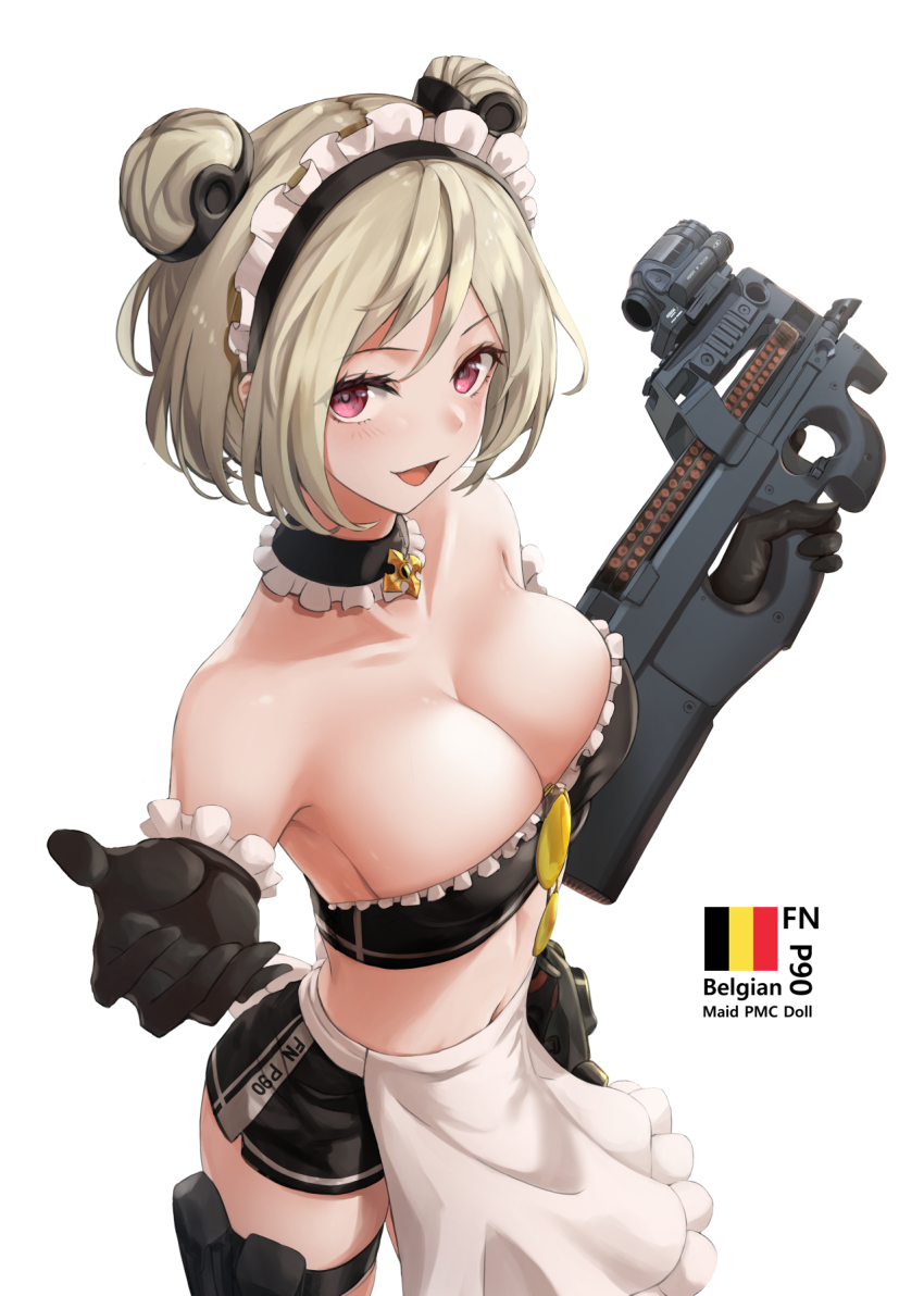 1girl ammunition apron armor-piercing_ammunition bandeau belgian_flag belgium bikini black_gloves breasts bullet bullpup chaciooh choker cleavage collarbone dress female_focus fn_5.7x28mm fn_herstal girls&#039;_frontline gloves grey_hair gun hair_ornament highres horizontal_magazine looking_at_viewer maid maid_apron maid_bikini maid_headdress open_clothes open_mouth p90 p90_(girls&#039;_frontline) pdw_cartridge personal_defense_weapon pmc private_military_company purple_eyes revealing_clothes see-through_clothes short_hair solo submachine_gun supersonic_ammunition swimsuit translucent unconventional_maid weapon white_background