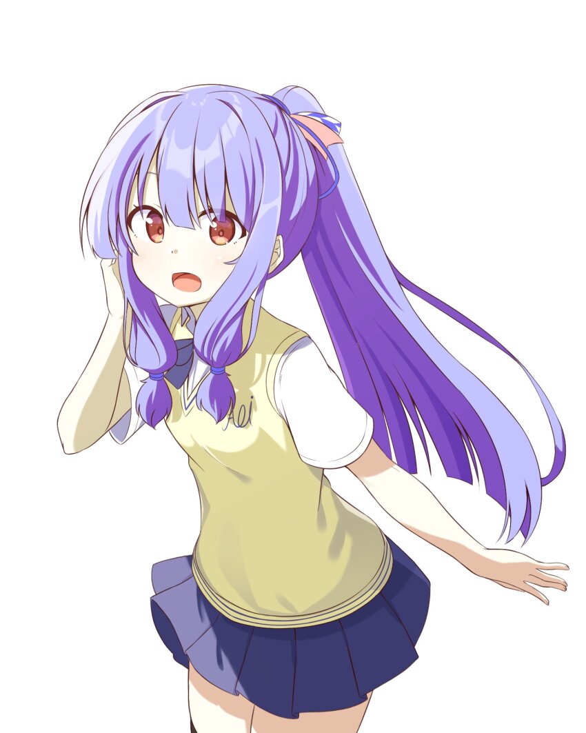 1girl :d alternate_costume alternate_hairstyle blue_hair blue_ribbon blue_skirt blunt_bangs blunt_ends bow bowtie chaakusu character_name collared_shirt cowboy_shot hair_ribbon hand_in_own_hair high_ponytail highres kotonoha_aoi leaning leaning_forward long_hair looking_at_viewer low-tied_sidelocks open_mouth pink_ribbon pleated_skirt ponytail print_ribbon red_eyes ribbon shirt short_sleeves sidelocks simple_background skirt smile solo sweater_vest voiceroid white_background white_shirt yellow_sweater_vest