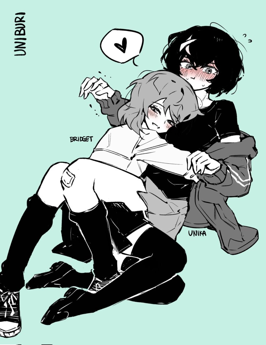 1boy 1girl alternate_universe androgynous black_hair black_thighhighs blush bridget_(guilty_gear) character_name crossdressing flying_sweatdrops guilty_gear hetero highres hug ky_gwangin smile thighhighs trap unika_(guilty_gear)