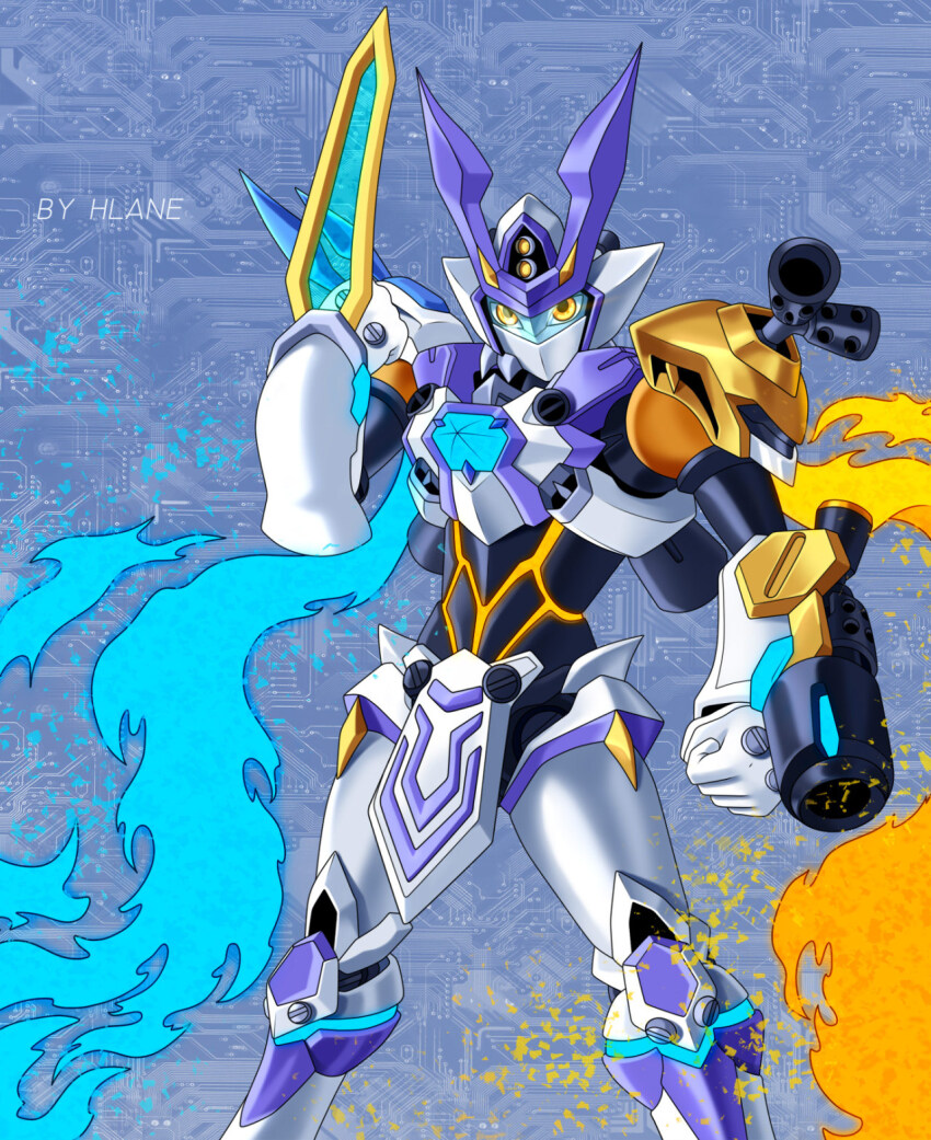 armor cannon digimon digimon_(creature) energy fusion highres looking_at_viewer medarot metabee omedamon rokusho_(medarot) solo sword weapon yellow_eyes
