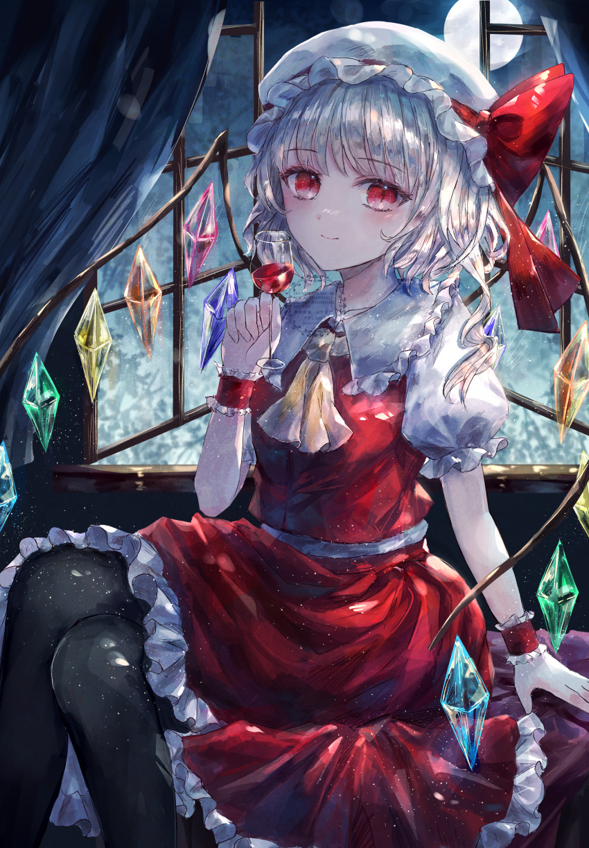 1girl absurdres ascot blonde_hair closed_mouth crystal crystal_wings cup drinking_glass feet_out_of_frame flandre_scarlet frilled_shirt_collar frilled_skirt frills hair_between_eyes hat hat_ribbon highres looking_at_viewer mob_cap puffy_short_sleeves puffy_sleeves red_eyes red_skirt red_vest ribbon short_hair short_sleeves side_ponytail sitting skirt solo suzushina touhou vest wine_glass wings wrist_cuffs yellow_ascot