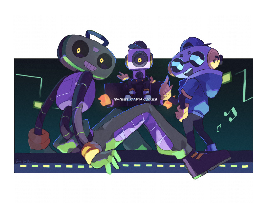 3boys :d arm_support backwards_hat baseball_cap belt black_belt black_hat black_pants blue_hat blue_hoodie border cap&#039;n_(deltarune) cd_player character_name deltarune full_body gloves green_gloves green_pants grin hand_on_own_hip hat highres hood hood_down hoodie humanoid_robot k_k_(deltarune) knees_up looking_at_viewer looking_back male_focus mechanical_arms multiple_boys musical_note object_head open_mouth outside_border pants robot ruannu short_sleeves simple_background sitting smile speaker standing sweet_(deltarune) teeth underlighting upper_teeth_only white_border yellow_eyes yellow_gloves