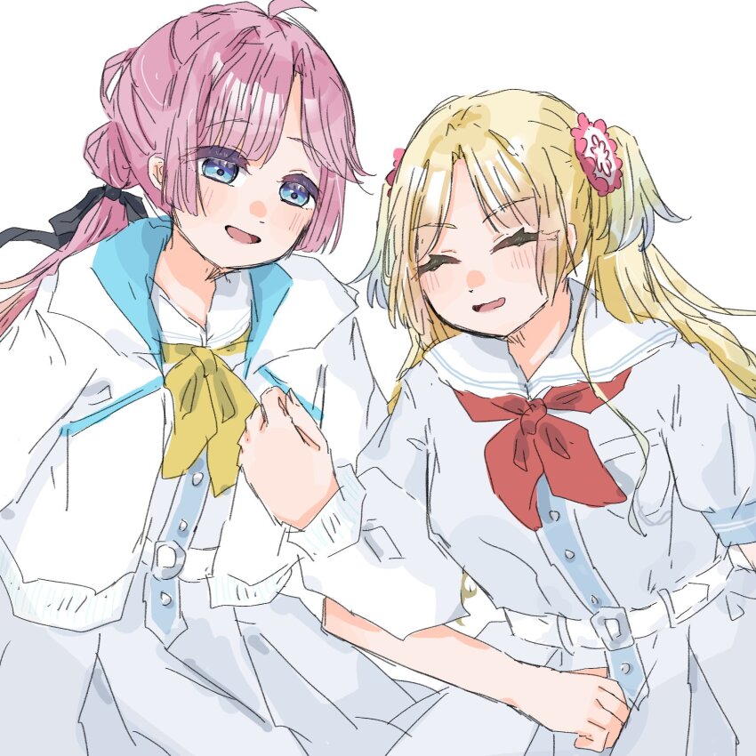 2girls :d ^_^ ahoge anyoji_hime black_ribbon blonde_hair blue_dress blue_eyes blue_hair blunt_sidelocks blush closed_eyes commentary dress gradient_hair hair_ribbon hasu_no_sora_school_uniform highres hood hooded_jacket jacket link!_like!_love_live! locked_arms long_sleeves love_live! mira-cra_park! multi-tied_hair multicolored_hair multiple_girls neckerchief open_clothes open_jacket open_mouth osawa_rurino pink_hair ponytail puffy_short_sleeves puffy_sleeves red_neckerchief ribbon sailor_collar sailor_dress school_uniform short_sleeves sidelocks simple_background skp1cnqfehmpasi smile virtual_youtuber white_background white_jacket white_sailor_collar yellow_neckerchief