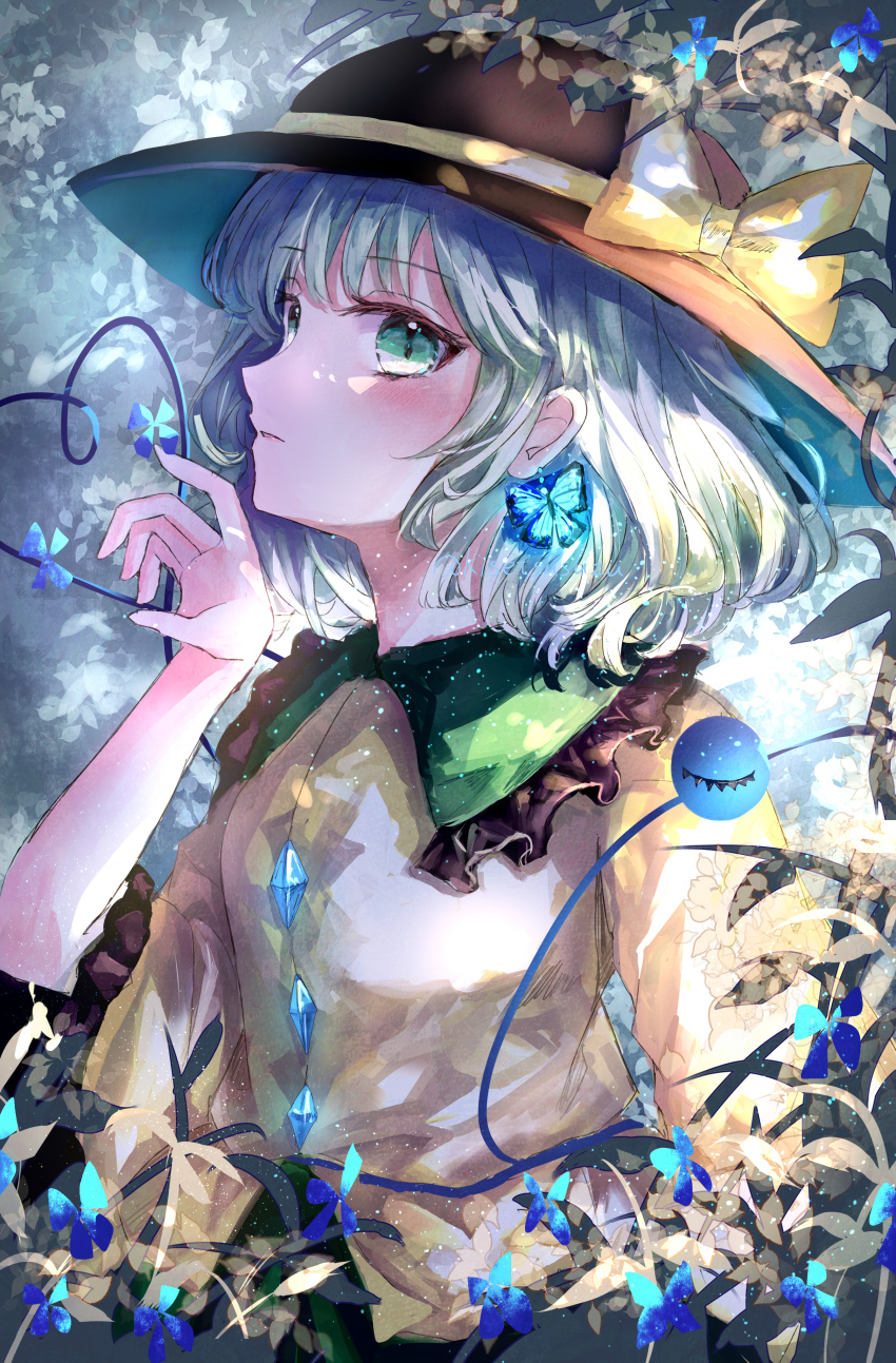 1girl absurdres green_eyes green_hair hat hat_ribbon highres koishi_day komeiji_koishi looking_at_viewer ribbon solo suzushina touhou wide_sleeves