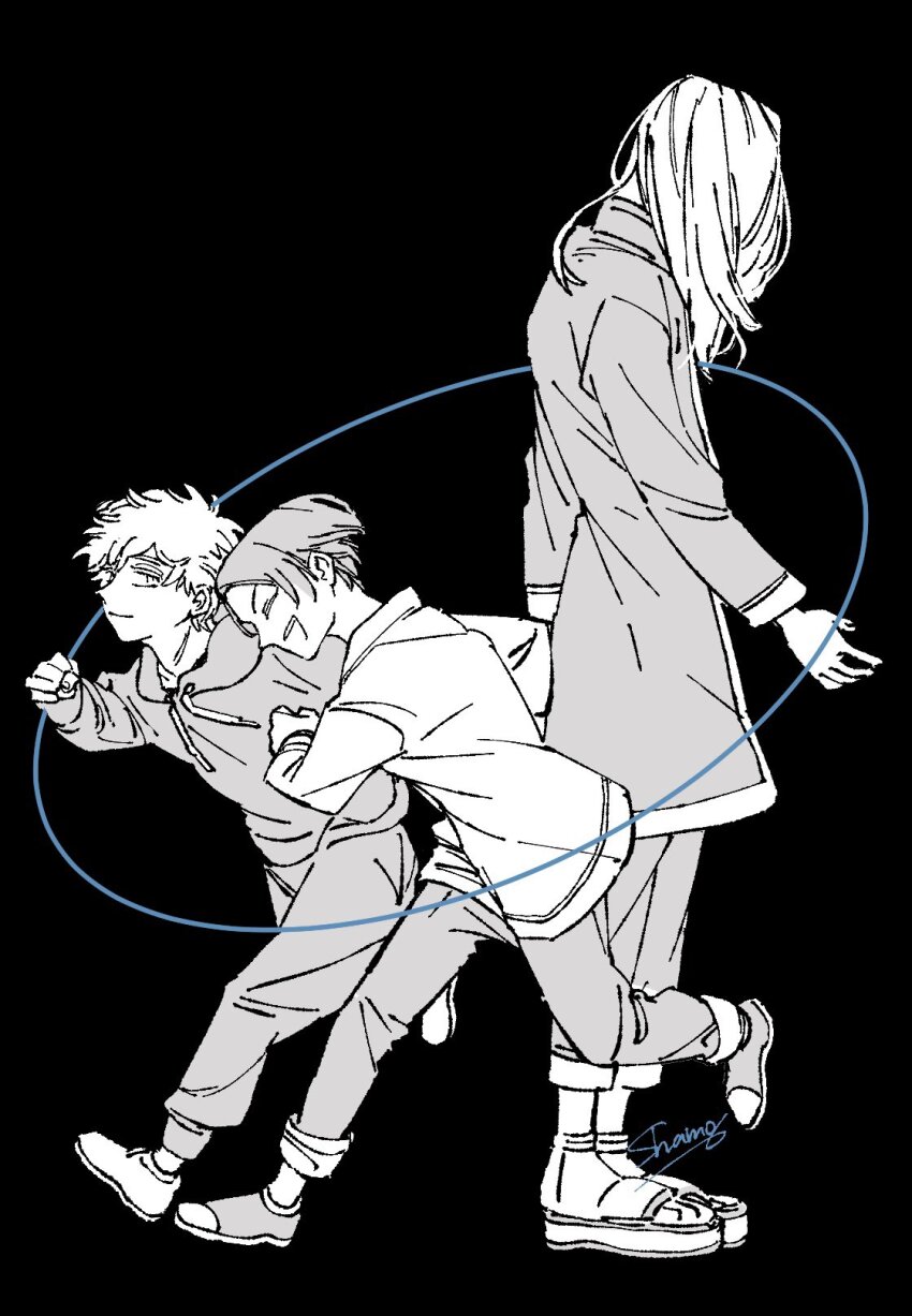 3boys age_comparison clenched_hand closed_eyes coat dual_persona full_body highres hood inui_seishu kokonoi_hajime long_hair long_sleeves male_focus multiple_boys open_hand open_mouth pants partially_colored running sandals shamoroku short_hair signature simple_background smile standing tokyo_revengers