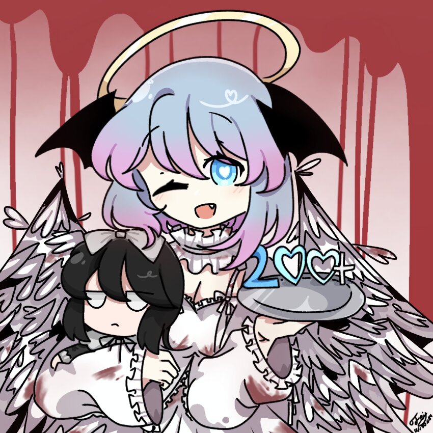 2girls black_bow black_dress black_hair black_souls black_wings blood blood_on_clothes bloody_wings blue_eyes blue_hair bow demon_wings dress fake_halo fake_wings fang faydee feathered_wings frilled_dress frills gradient_hair grey_bow grey_eyes halo heart heart-shaped_pupils highres holding holding_plate lingeriena_(black_souls) looking_at_viewer multicolored_hair multiple_girls one_eye_closed pink_hair plate red_background robe signature smile symbol-shaped_pupils white_dress white_robe wings