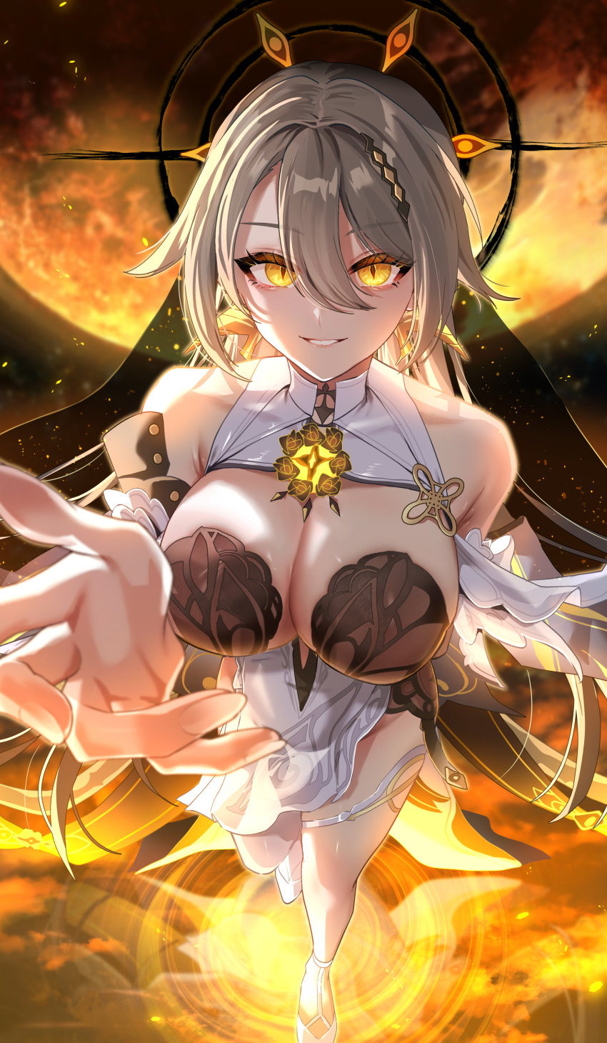 1girl absurdres anzu0130 breasts cleavage commentary_request full_moon grey_hair halo highres honkai_(series) honkai_impact_3rd large_breasts long_hair moon official_alternate_costume reaching reaching_towards_viewer shoes solo very_long_hair vita_(eldritch_vantage)_(honkai_impact) vita_(honkai_impact) white_shoes yellow_eyes