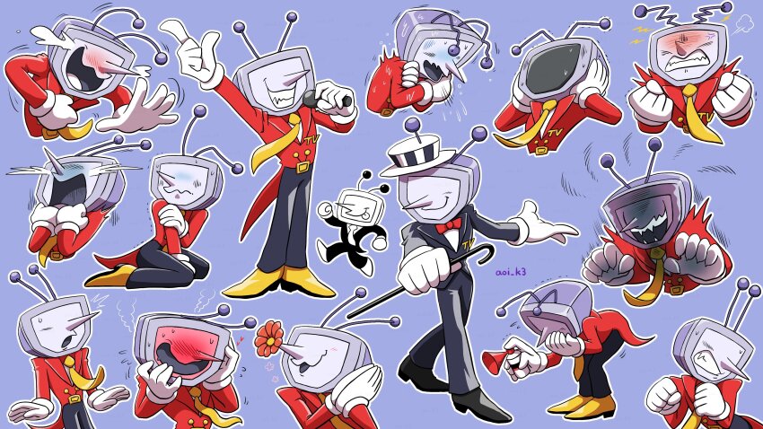 1boy absurdres anger_vein ant_tenna aoi_(comical_highway) black_jacket black_pants blue_background blush bow bowtie clenched_teeth clutching_head crt crying deltarune fangs flower gloves hands_on_own_head hat highres holding holding_microphone jacket male_focus microphone multiple_views necktie object_head outline pants pointy_nose red_bow red_bowtie shoes smile static_electricity streaming_tears sweat tailcoat tears teeth tongue tongue_out trembling white_gloves white_hat white_outline yellow_necktie yellow_shoes
