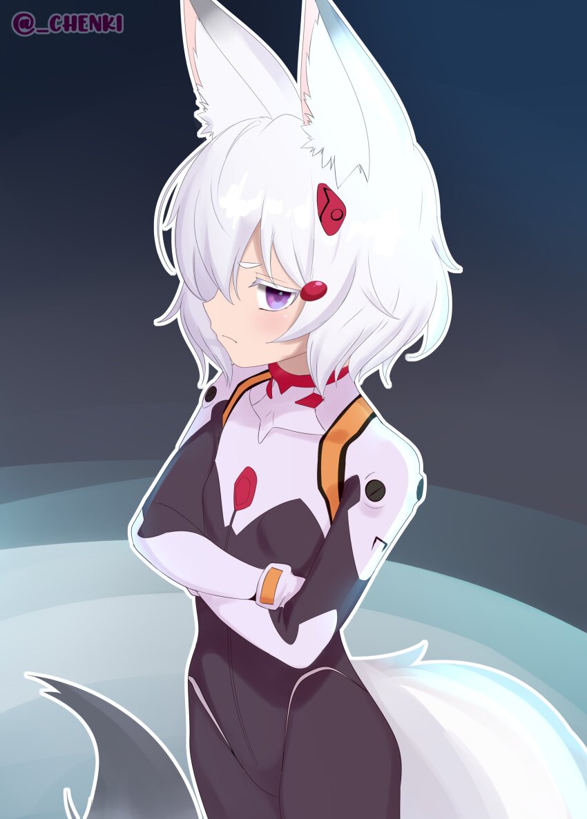 1girl absurdres animal_ears bodysuit breasts chenki_(chenki) commentary crossed_arms english_commentary fox_ears fox_girl fox_tail highres phase_connect purple_eyes small_breasts solo tail tenma_maemi virtual_youtuber white_hair