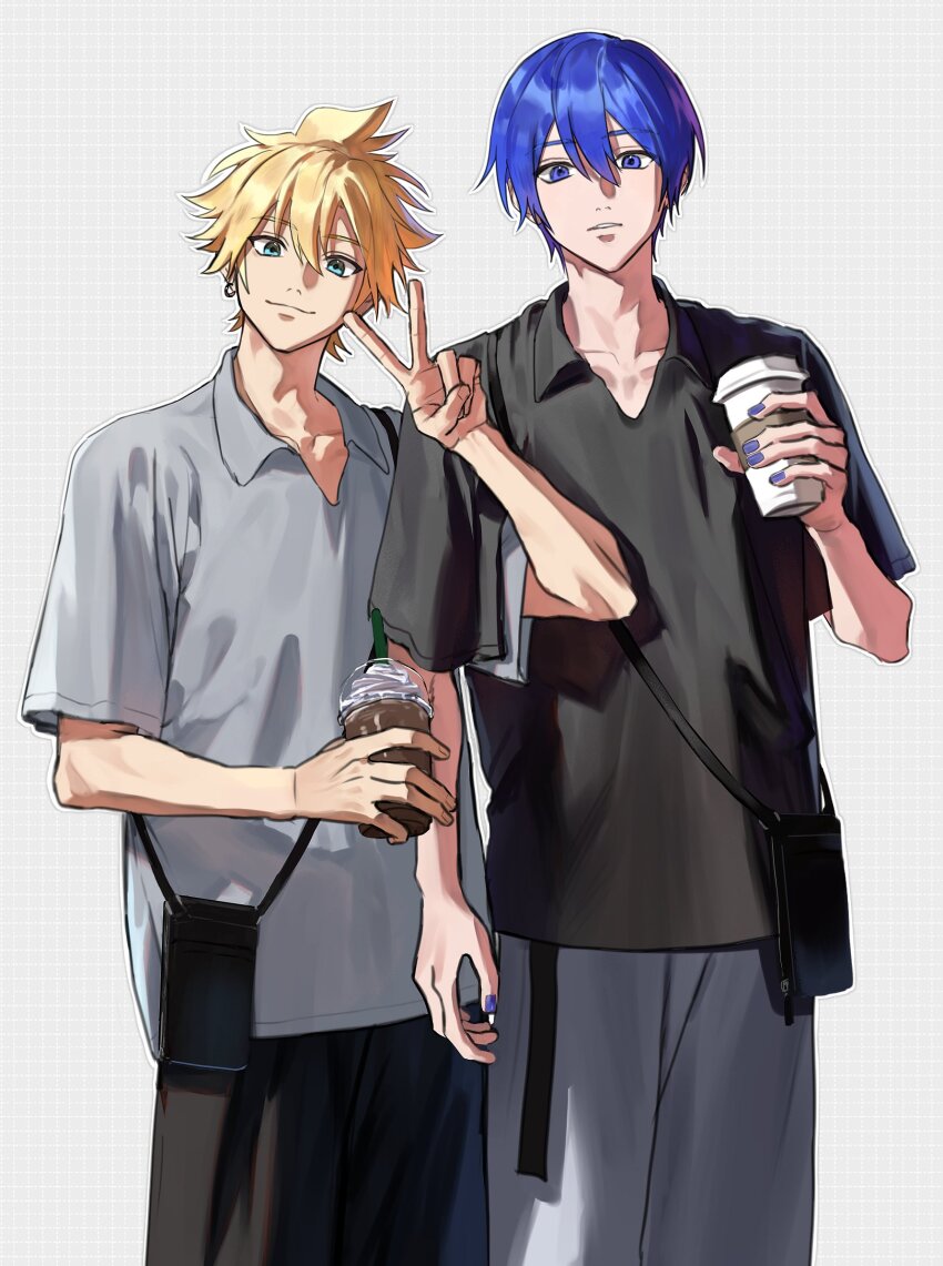 2boys aged_up alternate_height arm_at_side bag black_pants black_shirt blonde_hair blue_eyes blue_hair blue_nails collarbone collared_shirt commentary_request cowboy_shot cup disposable_coffee_cup disposable_cup earrings grey_background grey_pants grey_shirt grid_background hair_between_eyes hand_up highres holding holding_cup jewelry kagamine_len kaito_(vocaloid) locked_arms looking_at_viewer male_focus multiple_boys outline pants parted_lips shirt short_hair short_sleeves shoulder_bag sidelocks simple_background smile spiked_hair tetorutti35 v very_short_hair vocaloid white_outline