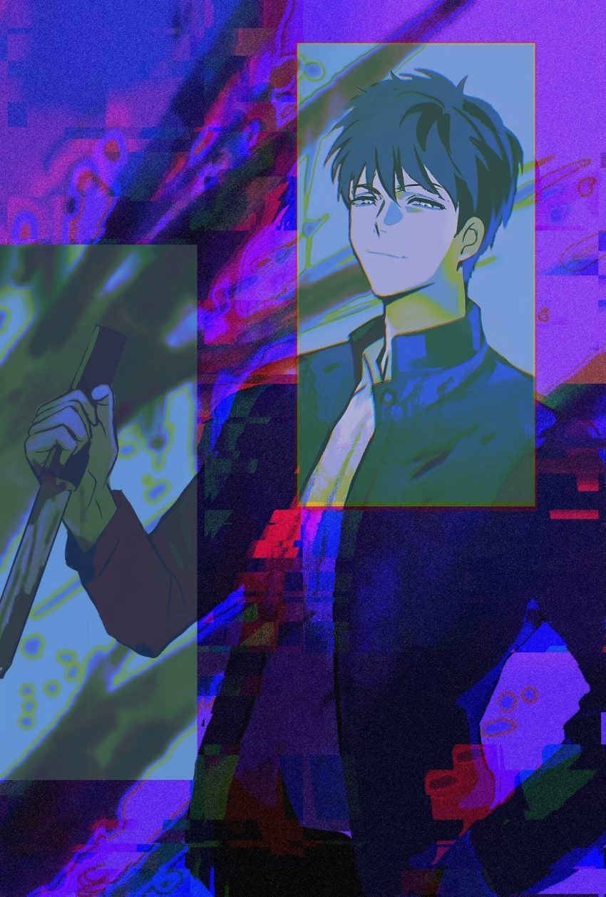 1boy 949805342 black_hair blood bloody_weapon highres holding holding_weapon jacket knife male_focus melty_blood nanatsu-yoru nanaya_shiki open_clothes open_jacket school_uniform short_hair smile smug tohno_shiki tsukihime weapon