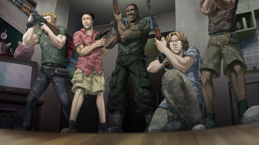 5boys adam&#039;s_apple aiming aiming_up ak-47 assault_rifle belt belt_pouch black_boots black_hair black_pants black_shirt blonde_hair blue_eyes blue_shirt book boots brown_shorts buzz_cut cargo_pants cargo_shorts clenched_teeth dark-skinned_male dark_skin finger_on_trigger fingernails frown future_gadget_lab game_cg glasses green_shirt green_shoes grey_eyes grin gun handgun hawaiian_shirt highres holding holding_gun holding_weapon huke kalashnikov_rifle kitchen large_pectorals long_hair makarov_pm male_focus mature_male multiple_boys muscular muscular_male non-web_source official_art on_one_knee pants parted_lips pectorals pouch red_shirt rifle ringed_eyes scowl shirt shoes short_hair shorts sideburns smile sneakers spread_legs square_pupils standing steins;gate teeth television tile_wall tiles very_short_hair weapon wooden_floor yellow_eyes