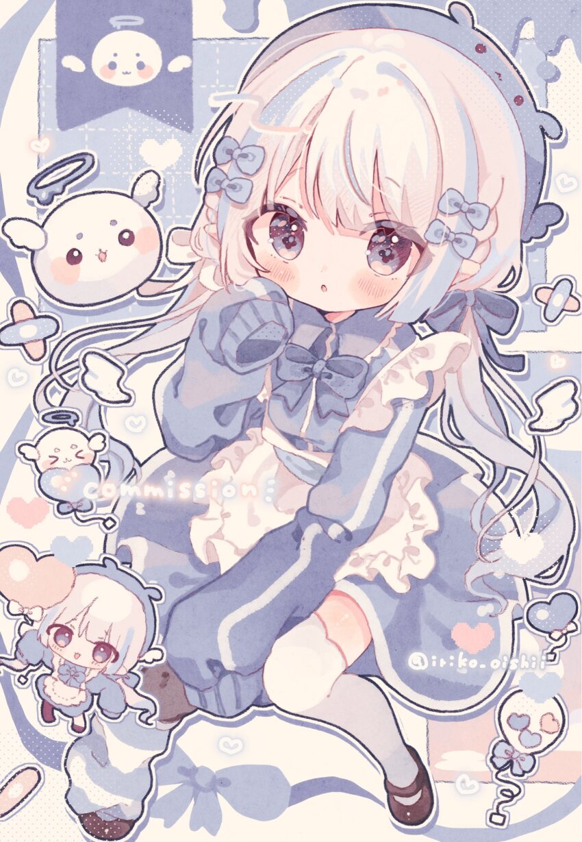 1girl :o apron bandaid blue_dress blue_eyes blue_hair blue_hat blue_ribbon blush brown_shoes chibi chibi_inset commentary commission dress frilled_apron frills hair_ribbon hand_up hat highres iriam kamizakana_iriko long_hair long_sleeves low_twintails mary_janes multicolored_hair open_mouth outline pink_hair ribbon shiroto_ao shoes skeb_commission sleeves_past_fingers sleeves_past_wrists streaked_hair thighhighs twintails twitter_username two-tone_hair virtual_youtuber white_apron white_outline white_thighhighs