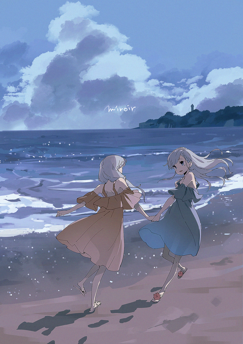 2girls asymmetrical_bangs beach blurry braid braided_bangs depth_of_field dress floating_hair footprints grey_hair highres hisakawa_hayate hisakawa_nagi holding_hands horizon idolmaster idolmaster_cinderella_girls lighthouse looking_at_another multiple_girls ocean sandals see-through_silhouette siblings sisters sleeveless sleeveless_dress torokko twins