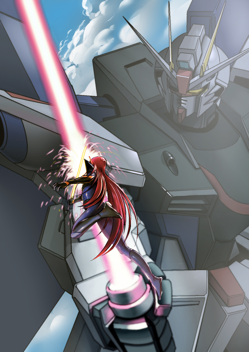 1girl alien energy_sword bodysuit crossover energy_sword freedom_gundam gundam gundam_seed highres holding holding_weapon iczer-2 iczer_(series) kashiki1991 long_hair looking_down mecha red_hair robot skin_tight super_robot_wars super_robot_wars_l sword tatakae!!_iczer-1 weapon yellow_eyes