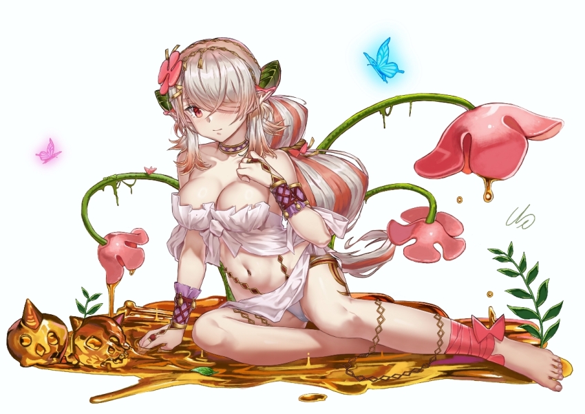1girl bare_shoulders barefoot breasts bug butterfly choker cleavage commentary duel_monster feet flower ge_(zmq67911029) grey_hair hair_flower hair_ornament hair_over_one_eye hand_on_own_chest hand_up insect long_hair looking_at_viewer multicolored_hair navel nectar pink_flower pink_hair plant pointy_ears red_eyes signature simple_background sitting smile solo toenails toes traptrix_pinguicula two-tone_hair white_background yokozuwari yu-gi-oh!