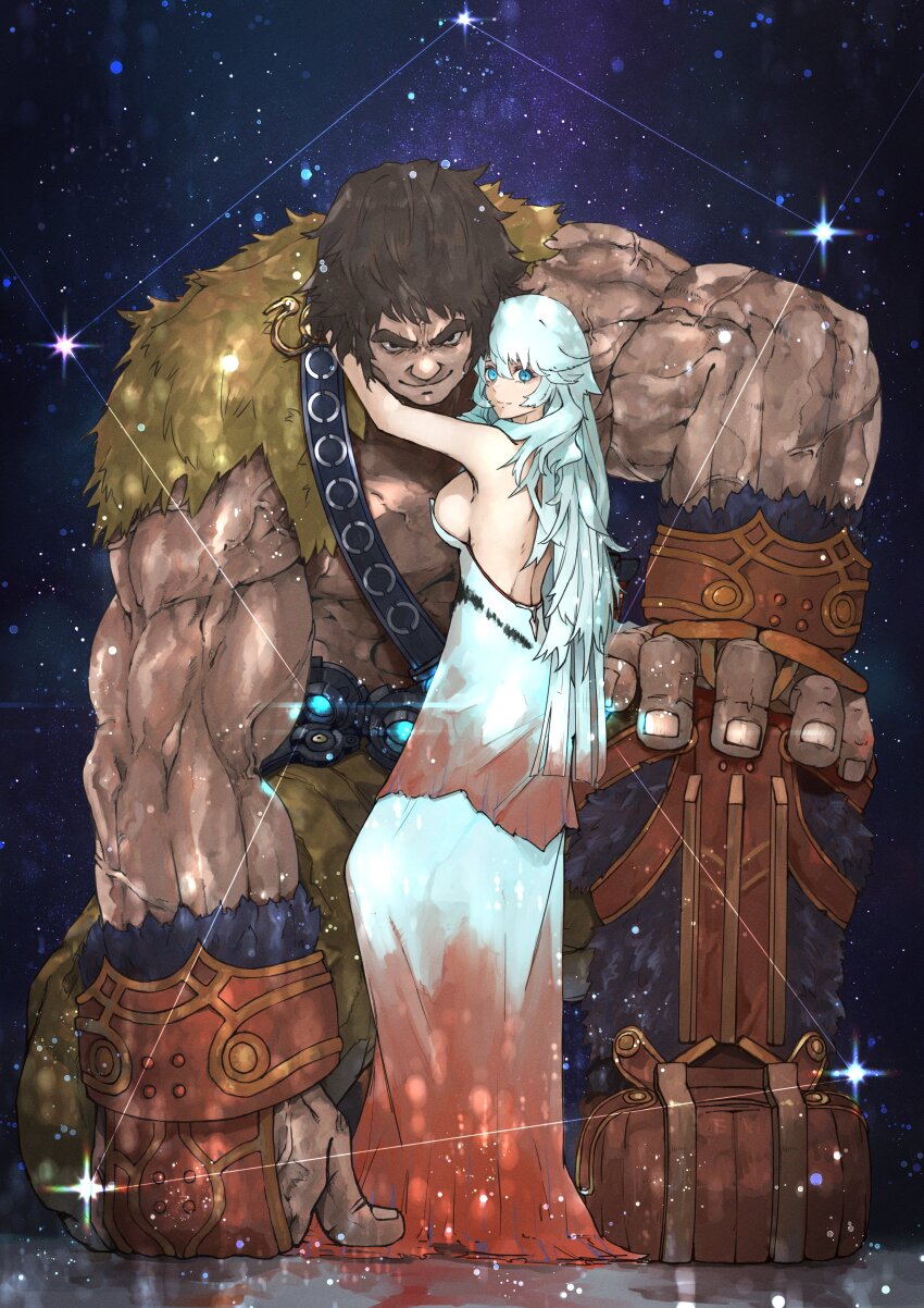 &gt;:) 1boy 1girl absurdres arm_around_neck artemis_(fate) black_eyes blue_eyes boots breasts brown_hair clenched_hand commentary constellation dress english_commentary fate/grand_order fate_(series) fur-trimmed_boots fur_trim hand_on_ground hand_on_own_knee highres hug large_breasts light_smile long_dress long_hair looking_at_viewer looking_to_the_side muscular muscular_male name_connection neko_no_kedama object_namesake on_one_knee orion_(constellation) size_difference smile star_(sky) strapless strapless_dress super_orion_(fate) thick_eyebrows v-shaped_eyebrows veins white_hair