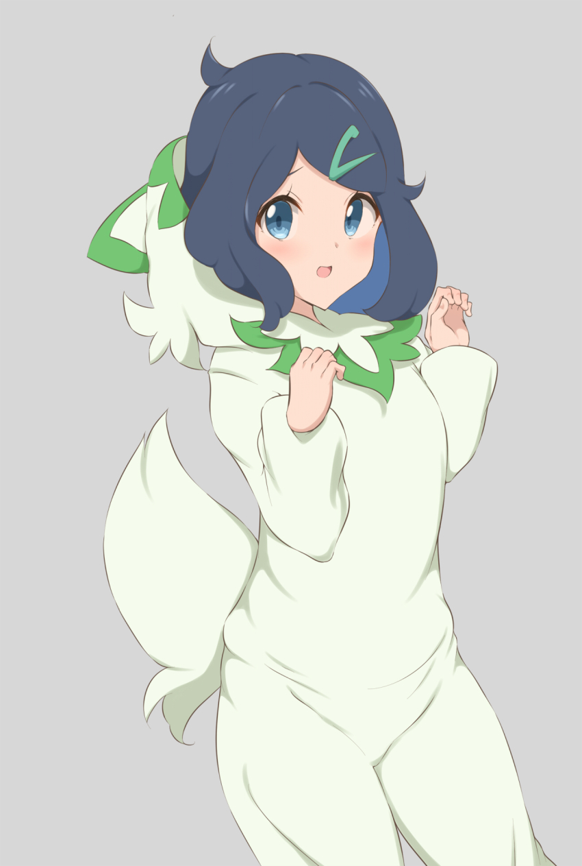 1girl :d blue_eyes blue_hair blush cosplay floragato floragato_(cosplay) grey_background hair_ornament hairclip highres hood hooded_pajamas izuna_masaru liko_(pokemon) long_sleeves medium_hair multicolored_hair nintendo open_mouth pajamas pokemon pokemon_(anime) pokemon_horizons simple_background smile standing tail two-tone_hair