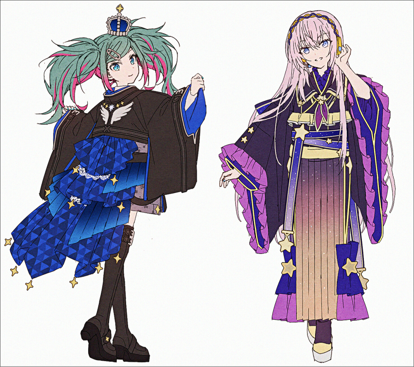 2girls adapted_costume ameagari_no_ichibanhoshi_(project_sekai) black_boots black_kimono blue_eyes boots closed_mouth crown frilled_sleeves frills green_hair grey_background hair_between_eyes hair_ornament hakusai_(tiahszld) hand_on_headphones hand_up hands_up hatsune_miku head_tilt headphones highres japanese_clothes kimono leo/need_luka leo/need_miku long_hair long_sleeves megurine_luka mini_crown multicolored_hair multiple_girls parted_lips pinching_sleeves pink_hair project_sekai revision safety_pin short_kimono simple_background sleeves_past_wrists smile standing streaked_hair swept_bangs thigh_boots twintails very_long_hair vocaloid wide_sleeves