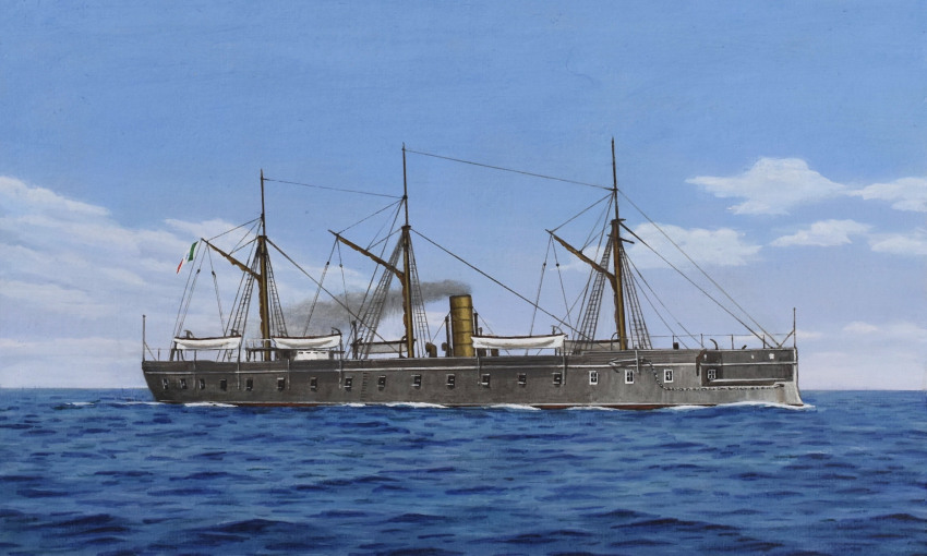 acrylic_paint_(medium) atelier_bono blue_sky cannon cloud flag highres ironclad italian_kingdom_flag mast military_vehicle no_humans ocean original painting_(medium) regia_marina ship ship_turret sky smokestack televire_(ironclad) traditional_media vehicle_focus warship watercraft weapon