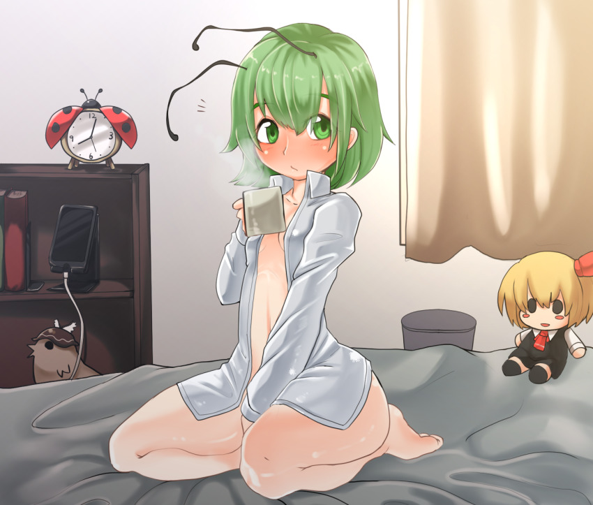 1girl alarm_clock antennae between_legs blush book bottomless breasts bug cellphone character_doll charging_device clock collared_shirt commentary_request cup curtains full_body green_eyes green_hair hair_between_eyes hand_between_legs holding holding_cup indoors insect ladybug looking_at_viewer mug mystia_lorelei mystia_lorelei_(bird) naked_shirt notice_lines on_bed open_clothes open_shirt phone rumia seiza shelf shirt short_hair sitting small_breasts smartphone solo thighs touhou trash_can unimamo white_shirt wriggle_nightbug