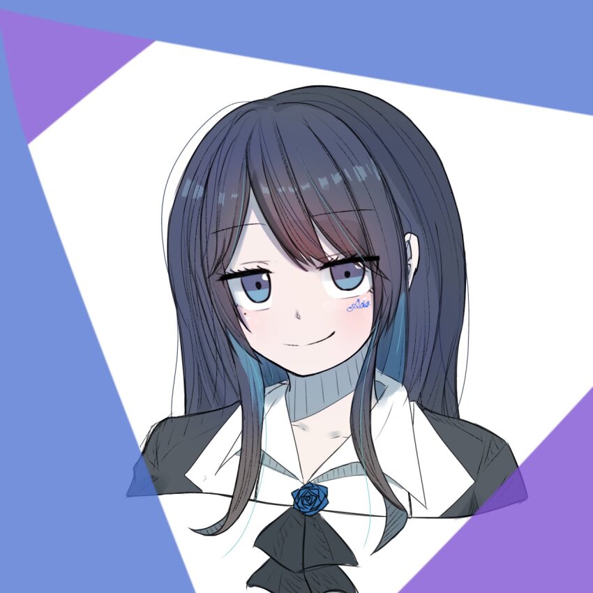 1girl ado_(utaite) ascot black_ascot black_hair blue_eyes blue_flower blue_hair blue_rose chando_(ado) character_name closed_mouth colored_inner_hair commentary_request facial_mark flower flower_brooch highres long_hair looking_at_viewer mole mole_under_eye multicolored_hair rose sidelocks smile solo tanake_(tanakei_ado) utaite