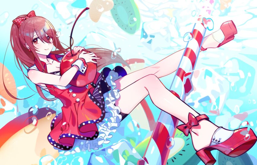 1girl breasts brown_eyes brown_hair cleavage commentary_request dress food fruit high_heels high_ponytail highres idolmaster idolmaster_shiny_colors layered_skirt legs long_hair looking_at_viewer medium_breasts osaki_tenka oversized_food oversized_object ponytail red_dress red_nails short_dress skirt solo underwater yuura