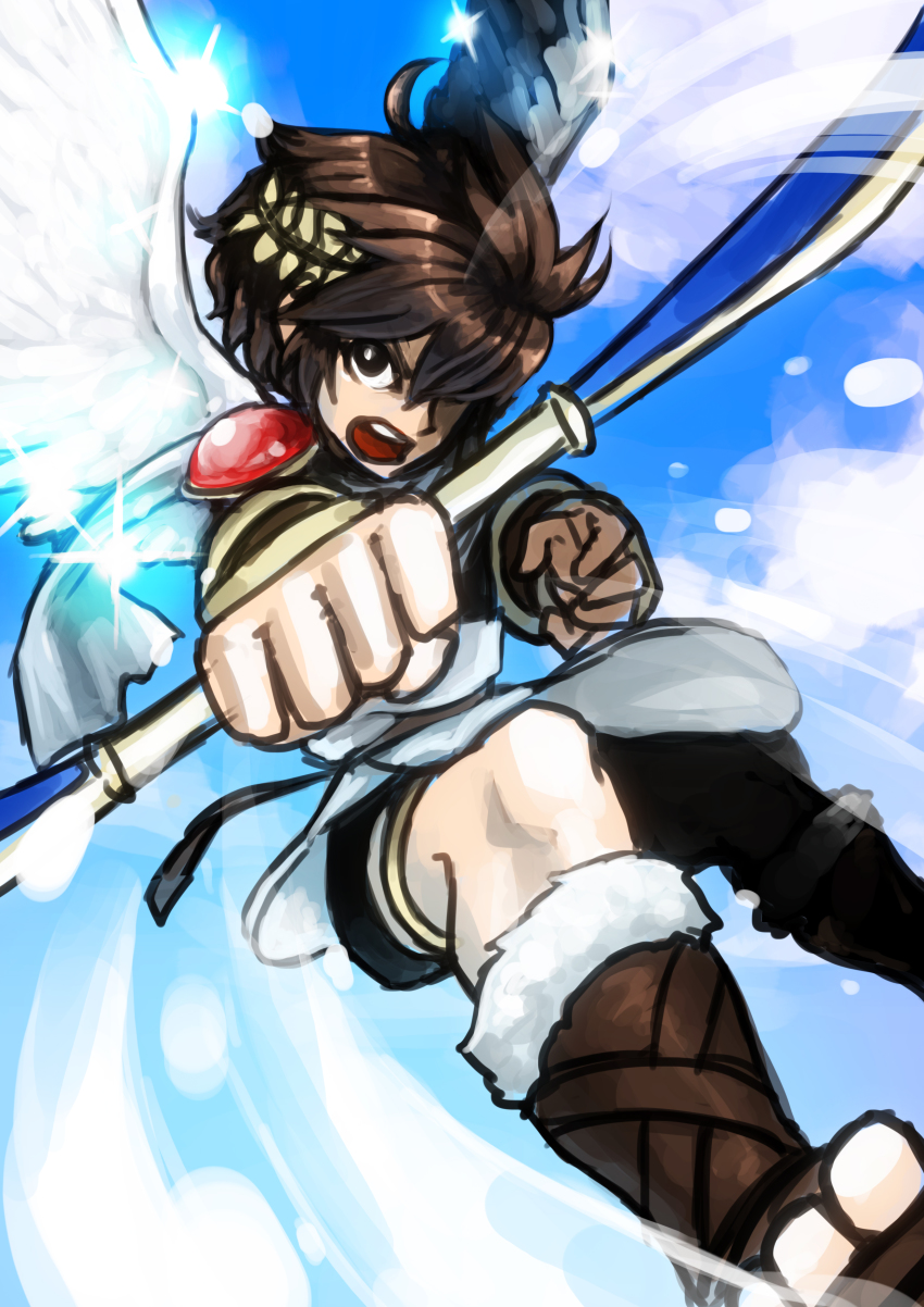 1boy absurdres angel_wings armor bow_(weapon) brown_hair food_fighter_441 hair_over_one_eye highres kid_icarus laurel_crown male_focus nintendo pit_(kid_icarus) sandals solo weapon wings