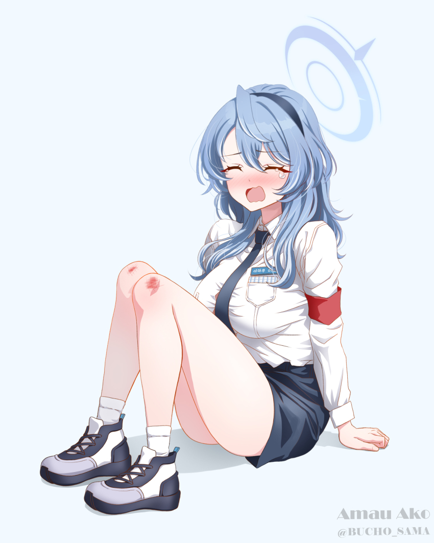 1girl absurdres ako_(blue_archive) armband ass blue_archive blue_hair blush breasts bucho_sama closed_eyes hairband halo highres injury long_hair medium_breasts necktie open_mouth pencil_skirt school_uniform shoes sitting skirt sneakers socks solo tears variant_set white_socks