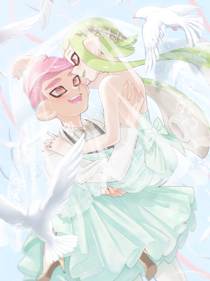 1boy 1girl agent_3_(splatoon) agent_8_(splatoon) alternate_costume bare_shoulders bird blouse blue_sky blunt_bangs bow bridal_veil bride colored_tongue couple dove doves dress fangs flower formal_clothes gradient_eyes green_hair green_tongue groom hands_on_another&#039;s_back hands_on_another&#039;s_shoulders happy head_wreath hetero high_heels highres husband_and_wife inkling_player_character jacket jewelry lifting_another&#039;s_clothes long_dress long_hair long_sleeves mask mohawk multicolored_eyes necktie nintendo octoling_player_character off-shoulder_dress off_shoulder orange_eyes pants pink_eyes pink_ribbon pointy_ears red_eyes red_hair ribbon ring shirt short_hair signature sky sleeveless sleeveless_dress splatoon_(series) standing strapless strapless_dress suction_cups suit tentacle_hair turquoise_dress tuxedo veil very_long_hair wedding wedding_band wedding_dress wedding_ring white_jacket white_pants white_shirt white_suit wing_collar yeneny