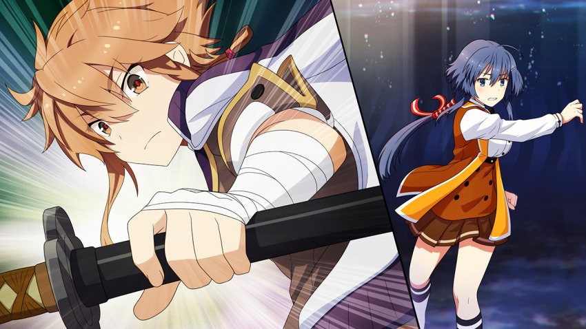2girls ahoge bandaged_arm bandages breasts brown_jacket brown_skirt catching closed_mouth emphasis_lines game_cg hair_between_eyes holding holding_sword holding_weapon jacket jacket_on_shoulders katana kneehighs large_breasts long_hair long_sleeves looking_at_viewer mole mole_under_eye multiple_girls non-web_source orange_eyes orange_hair orange_jacket origami_family&#039;s_elite_guard_uniform osafune_girls_academy_school_uniform pleated_skirt school_uniform setouchi_chie sheath sheathed shidou_maki_(toji_no_miko) shirt short_hair skirt socks split_screen sword toji_no_miko toji_no_miko:_kizamishi_issen_no_tomoshibi v-shaped_eyebrows weapon white_jacket white_shirt white_socks winter_uniform