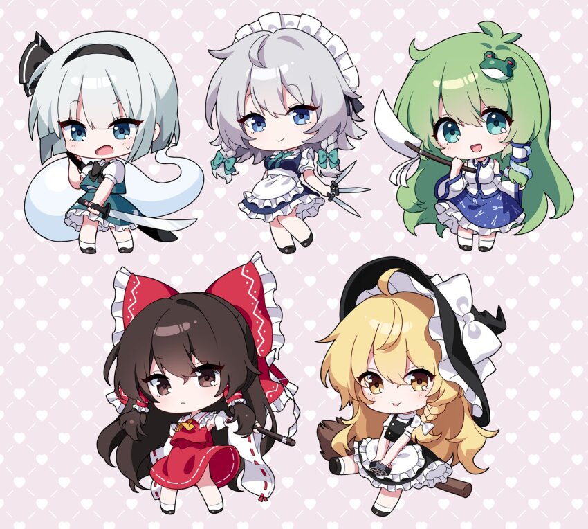 5girls :d apron bare_shoulders black_hat black_shoes black_skirt black_vest blonde_hair blue_dress blue_eyes blue_skirt blunt_bangs blunt_ends bow bowtie braid broom broom_riding brown_eyes brown_hair chibi chibi_only closed_mouth collared_shirt contrast_collar detached_sleeves dress frilled_apron frilled_bow frilled_dress frilled_hair_tubes frilled_shirt_collar frilled_skirt frills frog_hair_ornament full_body gohei green_bow green_eyes green_hair green_skirt grey_hair hair_bow hair_ornament hair_tubes hakurei_reimu hashtag-only_commentary hat hat_bow heart heart_background highres holding holding_gohei holding_knife holding_sword holding_weapon izayoi_sakuya kirisame_marisa knife kochiya_sanae konpaku_youmu konpaku_youmu_(ghost) long_hair long_sleeves looking_at_viewer maid_headdress mini-hakkero multiple_girls open_mouth pink_background pudding_(skymint_028) red_bow red_bowtie red_shirt red_skirt ribbon-trimmed_sleeves ribbon_trim shirt shoes short_hair short_sleeves single_braid single_hair_tube skirt skirt_set sleeveless sleeveless_shirt smile snake_hair_ornament socks standing sword touhou turtleneck turtleneck_shirt twin_braids very_long_hair vest waist_apron weapon white_apron white_bow white_shirt white_sleeves white_socks wide_sleeves witch_hat yellow_eyes