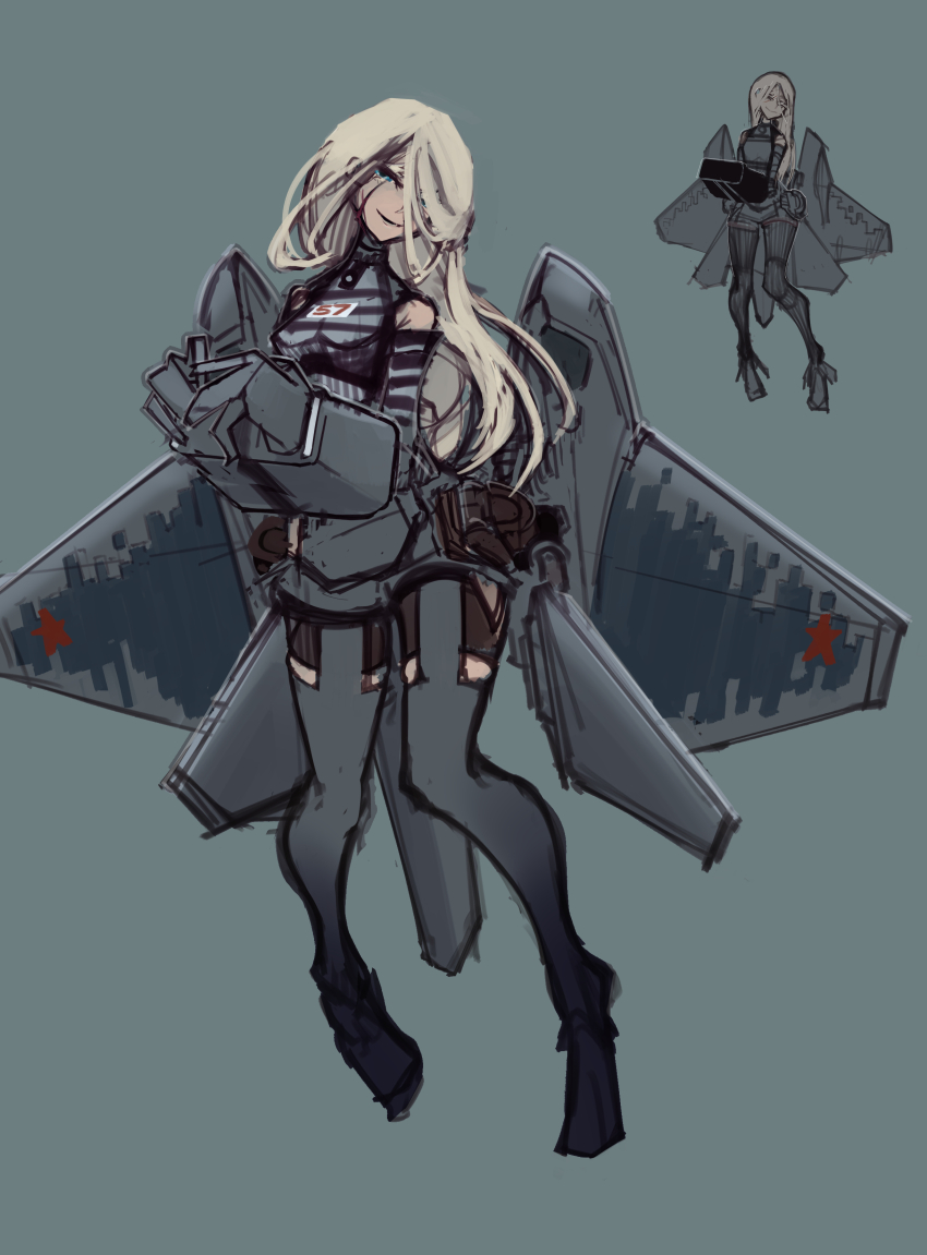 1girl absurdres aircraft airplane bare_shoulders blonde_hair blue_eyes fighter_jet ftsagy full_body highres long_hair military_vehicle non-web_source original personification prisoner restrained russian_air_force scar shirt sketch striped_clothes striped_shirt su-57 telnyashka thighhighs wings