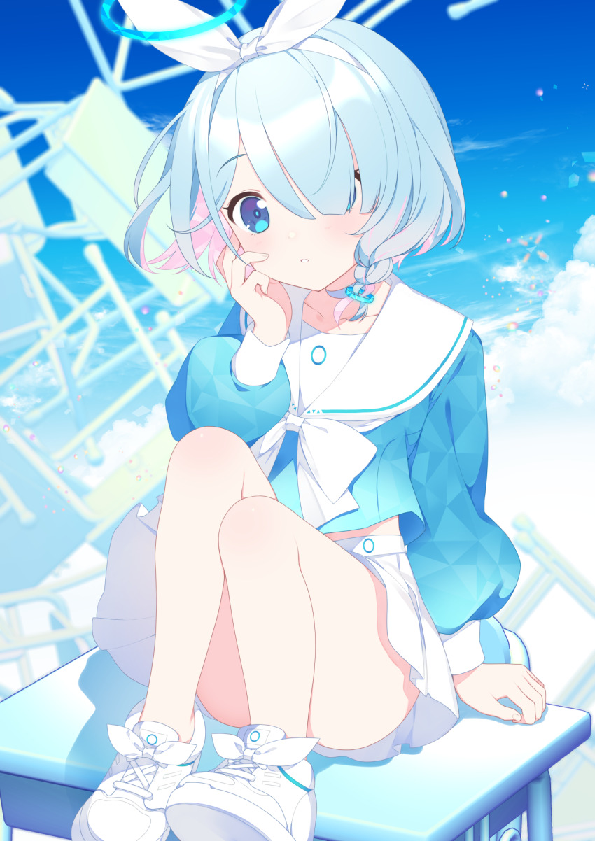 1girl alpha_(yukai_na_nakamatachi) arona_(blue_archive) blue_archive blue_eyes blue_hair blue_serafuku blue_shirt blue_sky blurry bow braid cloud collarbone colored_inner_hair commentary_request day depth_of_field footwear_bow hair_over_one_eye hairband halo hand_on_own_cheek hand_on_own_face hand_on_table hand_up highres knees_up long_bangs long_sleeves looking_at_viewer midriff_peek miniskirt multicolored_hair on_table open_mouth outdoors partial_commentary pink_hair pleated_skirt sailor_collar school_uniform serafuku shirt shoes short_hair side_braid sitting skirt sky solo table thighs white_bow white_hairband white_sailor_collar white_shoes white_skirt